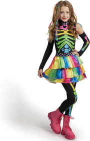 Funky Punky Bones Colorful Skeleton Deluxe Girls Costume Set with Hair Extensions for Halloween Costume Dress Up Parties.