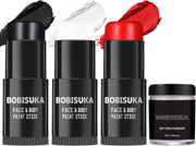 BOBISUKA Black White Face Paint Stick with Setting Powder Set, Eye Black Sticks for Sports, Body Paints for Clown Skeleton Vampire Skull Cosplay Special Effects Costume SFX Halloween Makeup Kit - Black, Red, White