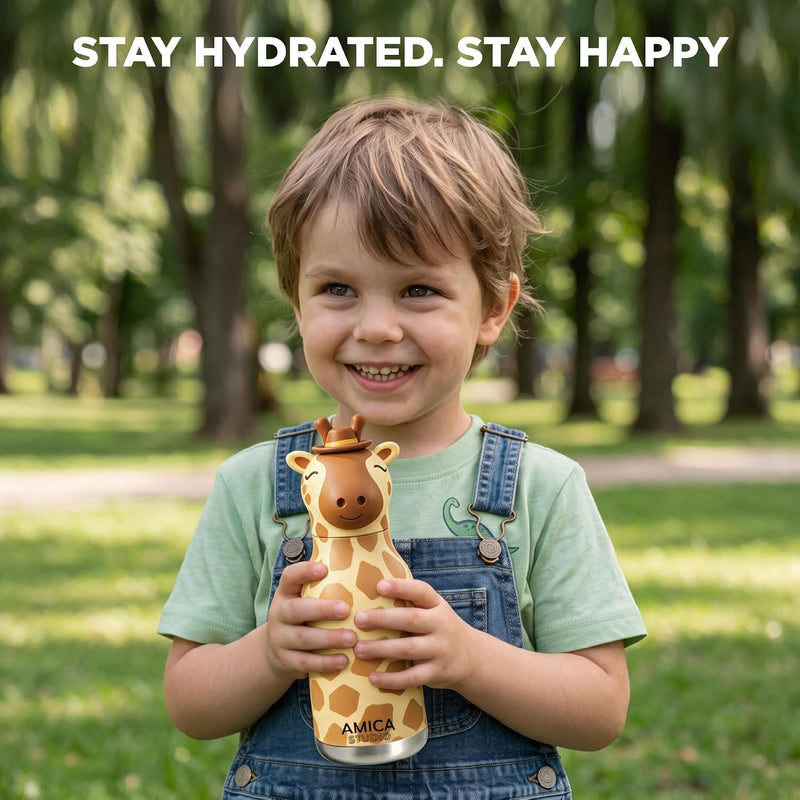 Kids Water Bottle 460ml Insulated Stainless Steel - AMICA STUDIO (Gigi Giraffe)