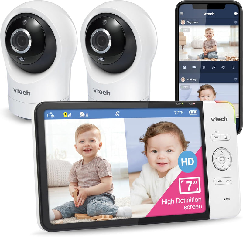 VTech RM7764-2HD 1080p Smart WiFi Remote Access 2Camera BabyMonitor, 360° Pan&Tilt, 10X Zoom, 7” 720p HD Display, HD NightVision, Soothing Sounds, 2-Way Talk, Temperature&Motion Detection, iOS&Android