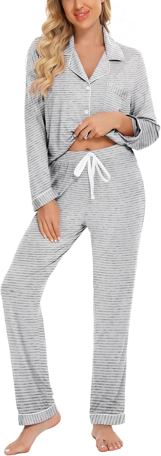 Button Up Pajama Set For Women Long Sleeve Shirt And Pajama Pants Soft Pjs Lounge Sets - Beige Stripe