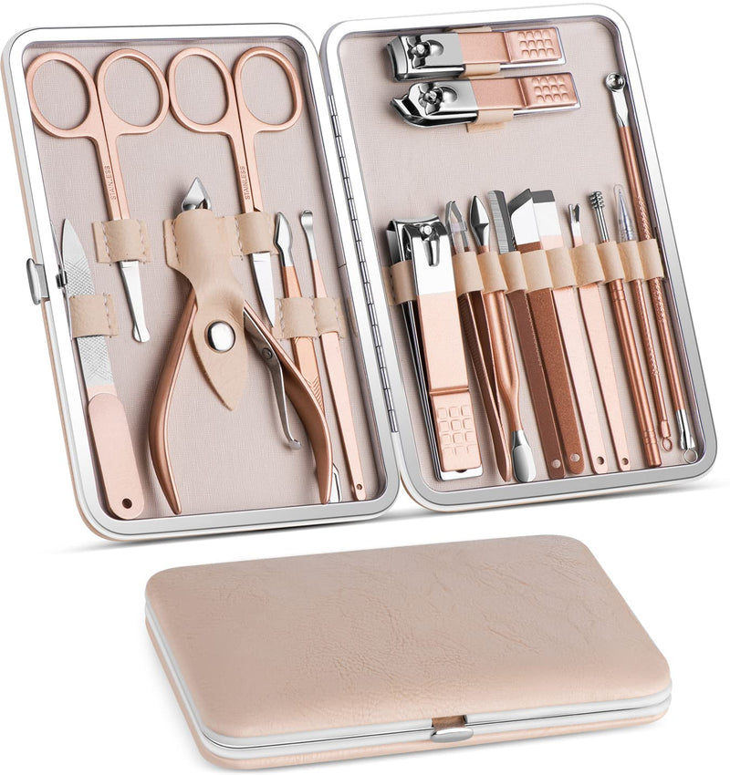 Vabogu Manicure Set, Pedicure Kit, Nail Clippers, Professional Grooming Kit, Nail Tools 18 In 1 with Luxurious Travel Case For Men and Women 2022 Upgraded Version, Pink Gold