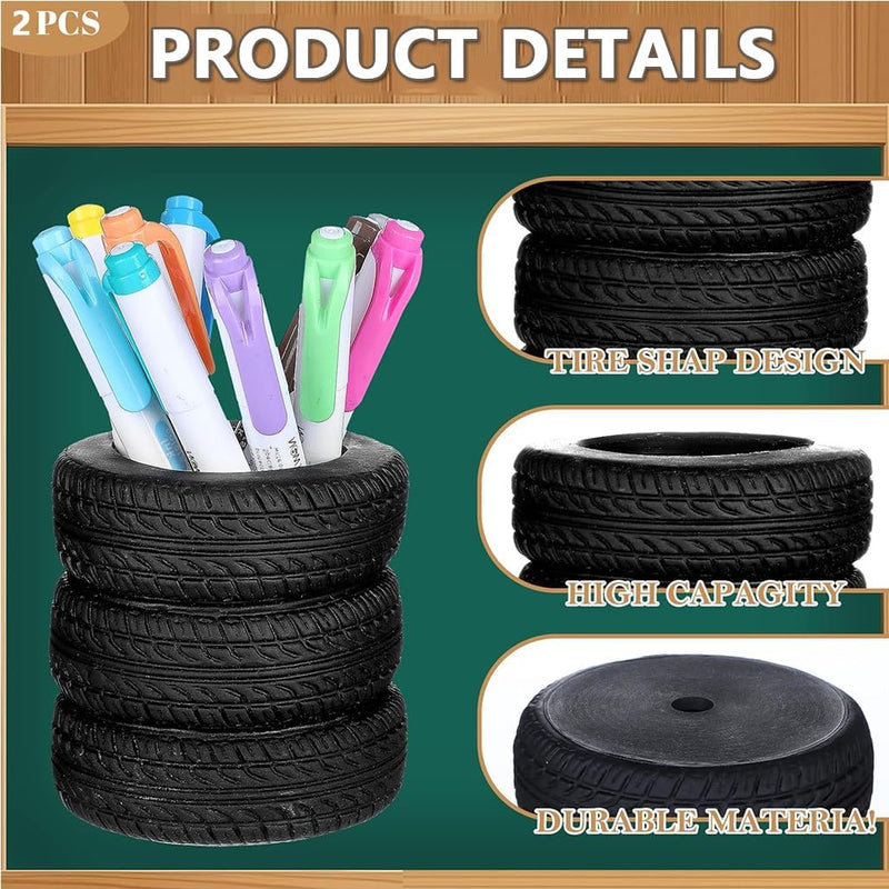Goodern 2 Pcs Tire Shaped Planter Pencil Holder,Pen Holder for Desk Accessories Organizer,Tire Succulent Cactus Planter Pot,Pen Stand for Home,Office,Tabletop,Desk,Pen,Pencil,Makeup Brush Organizer