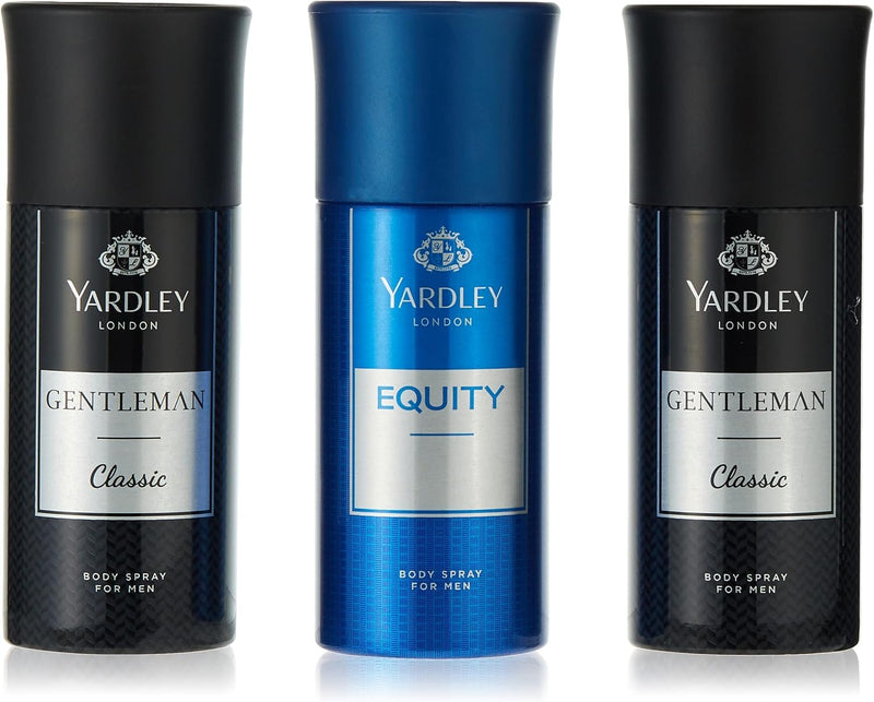 Yardley London Gentleman Classic & Equity Deodorant Body Spray - 150ml(Pack of 3) Modern Masculine Fragrance & Marine Sea & Fruity Notes For Long Lasting Odor Protection Assorted Pack