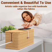 Cable Management Box, Handmade Rattan Organizer, 2 Open Slots Cords Hider Under Desk Cord Organizer Management, For Computer Router Usb Hub & Power Strip