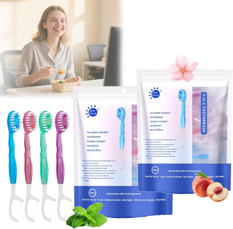 Itemmater Travel Toothbrushes Set, 5 in 1 Mini Disposable Toothbrush, All in One Oral Care, Individually Packaged, 4 Flavors, Pasted Brush Floss Pick Tongue Scraper, for Travel or Work (26 Pcs) - 2PCS