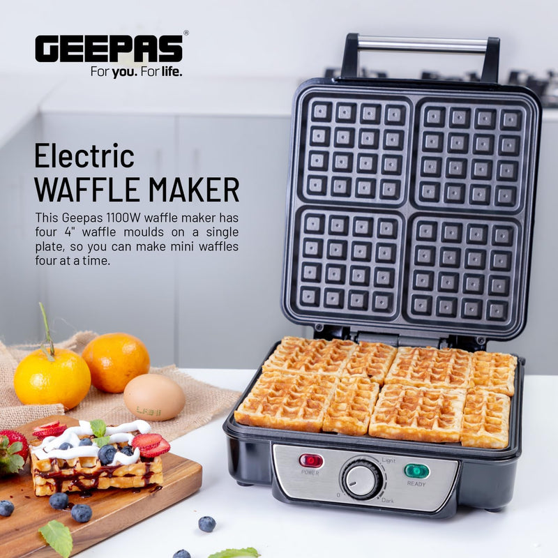 Geepas GWM5417 Electric Waffle Maker 1100W- 4 Slice Non-Stick Electric Belgian Waffle Maker with Adjustable Temperature Control