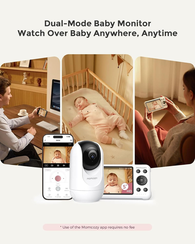 Momcozy - Smart WiFi Baby Monitor with Camera and Audio, 5" 1080P Display with Wall Mount, Motion & Crying Detection, Secure Fence, Clear Night Vision, Battery