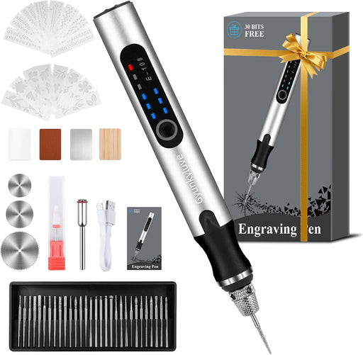 Upgraded Electric Engraving Pen, Wireless Engraving Pen Kit with 34 Bits & 3-Speed Adjust, Practice Materialse & Stencil, Rotary Tool for 60+ Surfaces Cordless Engraver Pen for Artists & DIY - Silver