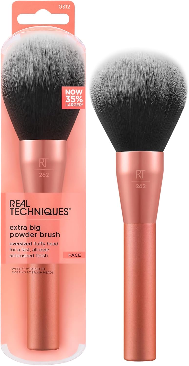 Real Techniques Extra Big Powder Brush, Large Makeup Brush For Powder, Fluffy Head For All-Over Setting, XL Oversized Brush For Quick Application, Cruelty-Free, Synthetic Bristles, 1 Count