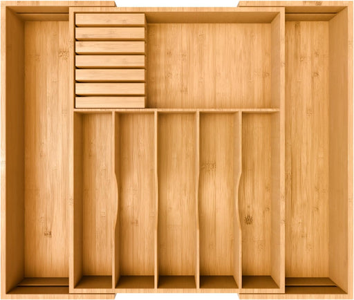 Premium Expandable Kitchen Drawer Organizer - 100% Bamboo Organizer Tray - Great for Silverware, Large Utensils, Flatware, Cutlery - 8 Compartments with Knife Block - Perfectly Fits Your Drawers - Natural