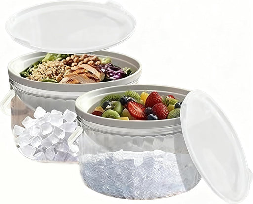 Tazweeq 2 Pcs Large Salad Bowl with Ice Chiller with Lid, Chilled Dip Bowl with 2 Serving Tongs & 6 Spoons, Cold Serving Dish for Veggie Fruit Pasta Hummus Salsa for Parties Picnic
