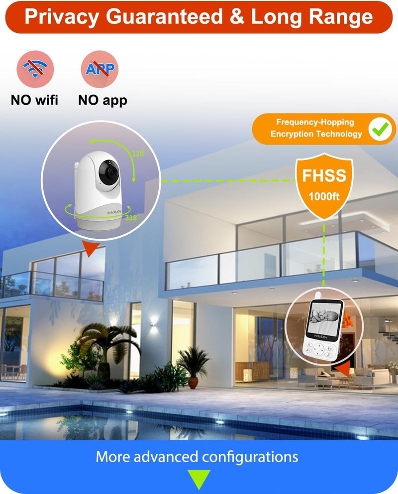 HelloBaby Monitor with 29Hour Battery Life and 4" IPS Screen, No WiFi, Video Baby Monitor with Camera and Audio 1000ft Long Rang Auto Night Vision 2 Way Audio Temperature VOX Mode for Baby Pet Eldly