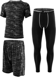 Sports Running Compression Sets, Mens Sportswear 3 pack Quick Dry Fitness Workout Suits with Basic T Shirts, Loose Fitting Shorts, Compression Pants, Size M-3XL - 3XL Black-new