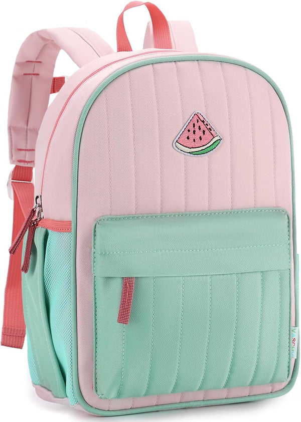 School Bag for Kid, Vaschy Lightweight Quilted Color-blocked Kids Backpack for Kindergarten Children Two Size - Pink Green