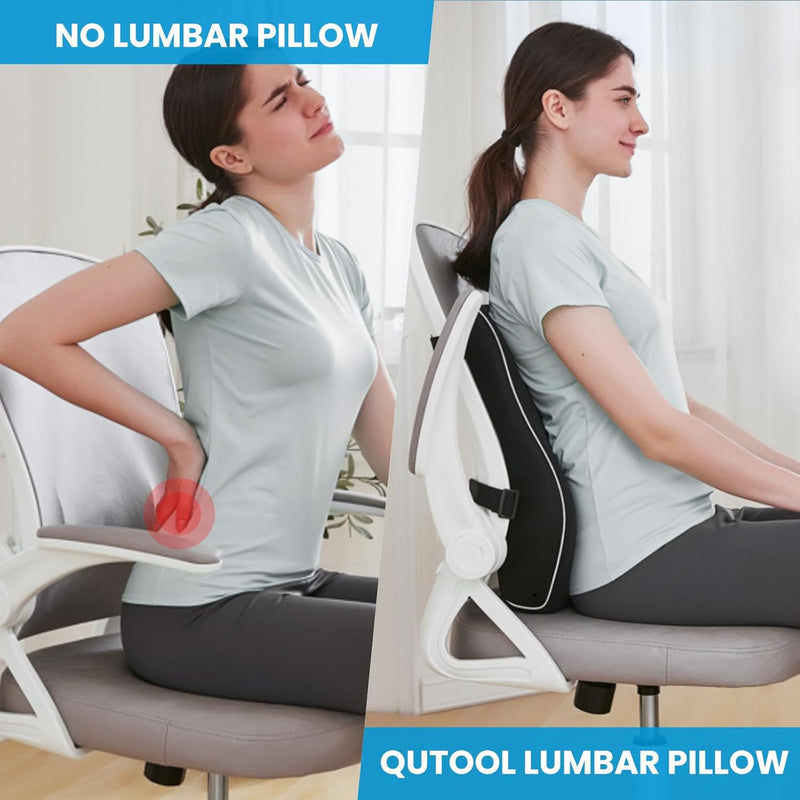 Lumbar Support Pillow for Office Chair Memory Foam Back Cushion for Back Pain Relief Improve Posture Large Back Pillow for Car, Computer Chair, Recliner Breathable Mesh Cover Double Adjustable Straps - Lumbar Pillow/Black 3D Mesh