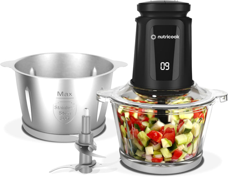 2+2 L XXXL Glass & SS Chopper and Mincer,500W - Pulse & 2 speeds, 2-Removable 4 SS -Blade for Chopping, Ice Crushing, Meat Mincing, Grinding, Pureeing & more - BLk, 2 Yr Warranty,NC-CH2000 - XXL