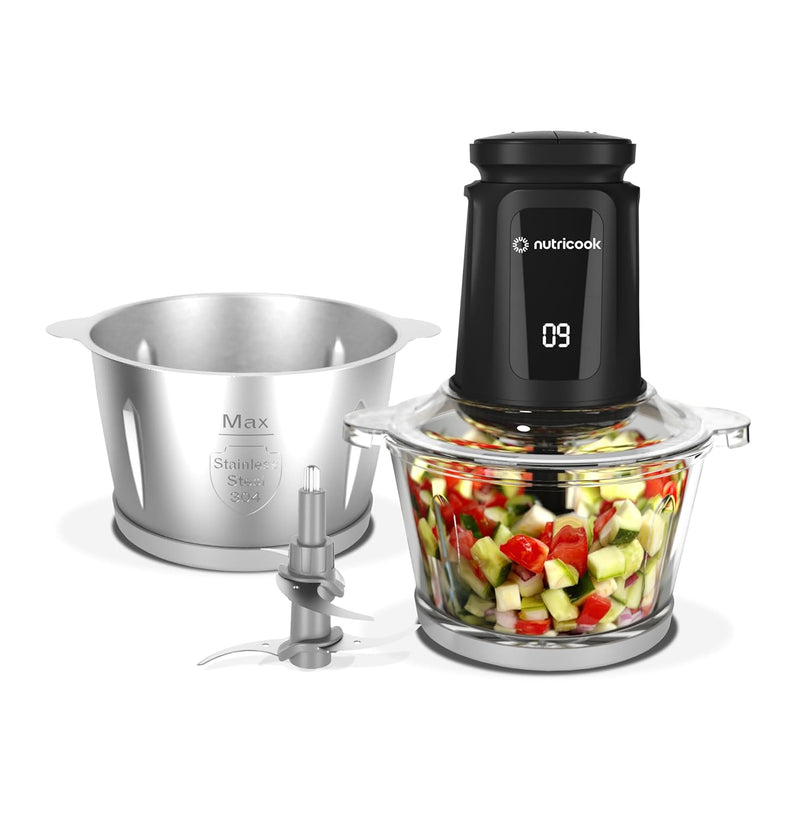 Nutricook 2+2 L XXXL Glass & SS Chopper and Mincer,500W - Pulse & 2 speeds, 2-Removable 4 SS -Blade for Chopping, Ice Crushing, Meat Mincing, Grinding, Pureeing & more - BLk, 2 Yr Warranty,NC-CH2000