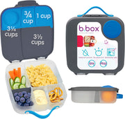 b.box Lunchbox Jumbo Bento Box with 4 Compartments (2 Leakproof), Removable Divider, Gel Cold Pack Ideal for School from 3+ 1L Capacity - Blue Slate