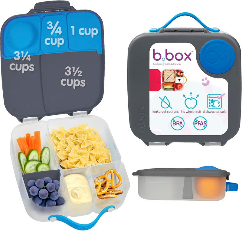 b.box Lunchbox Jumbo Bento Box with 4 Compartments (2 Leakproof), Removable Divider, Gel Cold Pack Ideal for School from 3+ 1L Capacity - Blue Slate