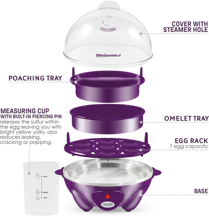 Elite Gourmet EGC322CBL Easy Egg Cooker Electric 7-Egg Capacity, Soft, Medium, Hard-Boiled Egg Cooker with Auto Shut-Off, Measuring Cup Included, BPA Free, Classic Blue