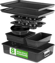 Nutrichef 8-Piece Nonstick Stackable Bakeware Set - PFOA, PFOS, PTFE Free Baking Tray Set w/Non-Stick Coating, 450F Oven Safe, Round Cake, Loaf, Muffin, Wide/Square Pans, Cookie Sheet (Black) - Black