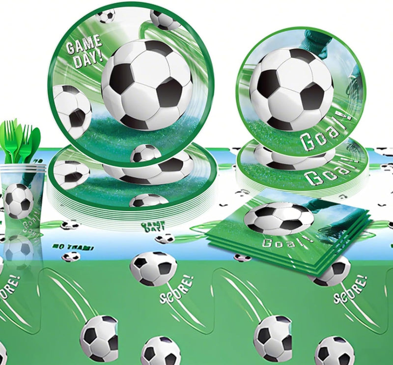 Soccer Birthday Party Decorations 140 PCS, Complete Soccer Party Set for 20 Guests, Includes Plates, Napkins, Cups, Banner, Balloons, Tablecloth, Cutlery