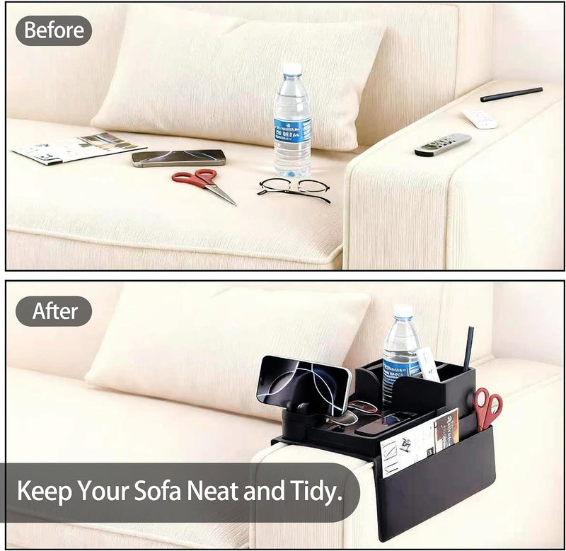 Silicone Sofa Armrest Tray with 5 Side Pockets Anti-Slip Recliner Armchair Caddy Organizer for Drinks, Remote, Tablet, Snacks, Phone Living Room Couch Storage Holder, Black