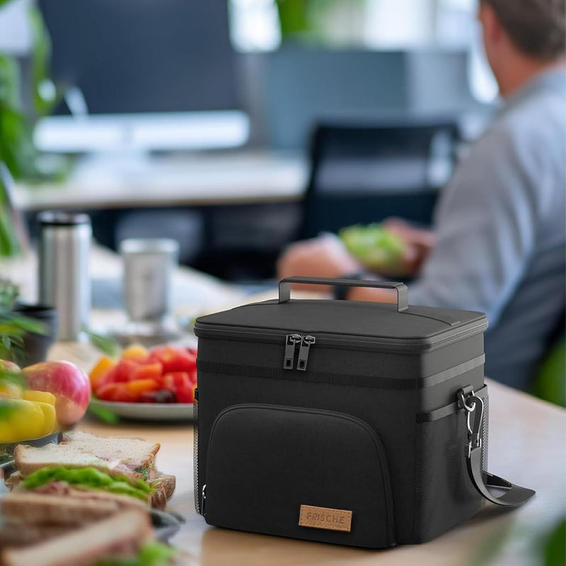 Insulated Lunch Box for Men & Women - Leak-Proof Cooler Lunch Bag with 4 Pockets, Adjustable Strap, Ideal for Work, Picnic, Travel - Medium, Black