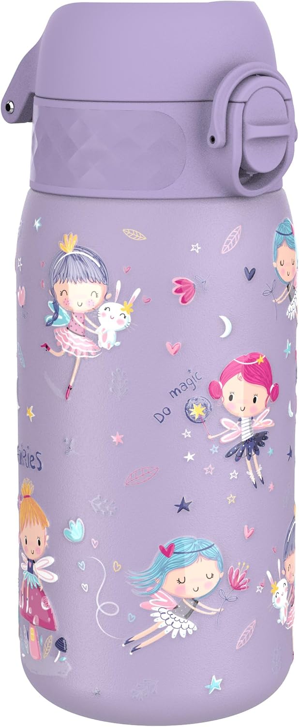 Lightweight Steel Kids Water Bottle, 400ml/13oz, Non-Insulated, Leak Proof, Easy to Open, Secure Lock, Dishwasher Safe, Fits Cup Holders, Carry Handle, Metal Water Bottle, Purple, Fairies - Steel Fairies