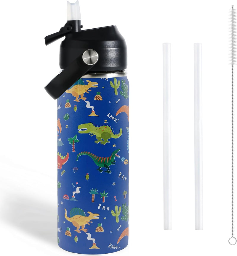 Stainless Steel Water Bottles for Kids, 18oz/530ml Insulated Water Bottle with Handle, Hot Water Bottle, Double Wall Vacuum Sports Water Bottle, BPA Free, Keep Cold and Hot, Water Bottle for School - Dinosaur-Straw lid 18 ounces