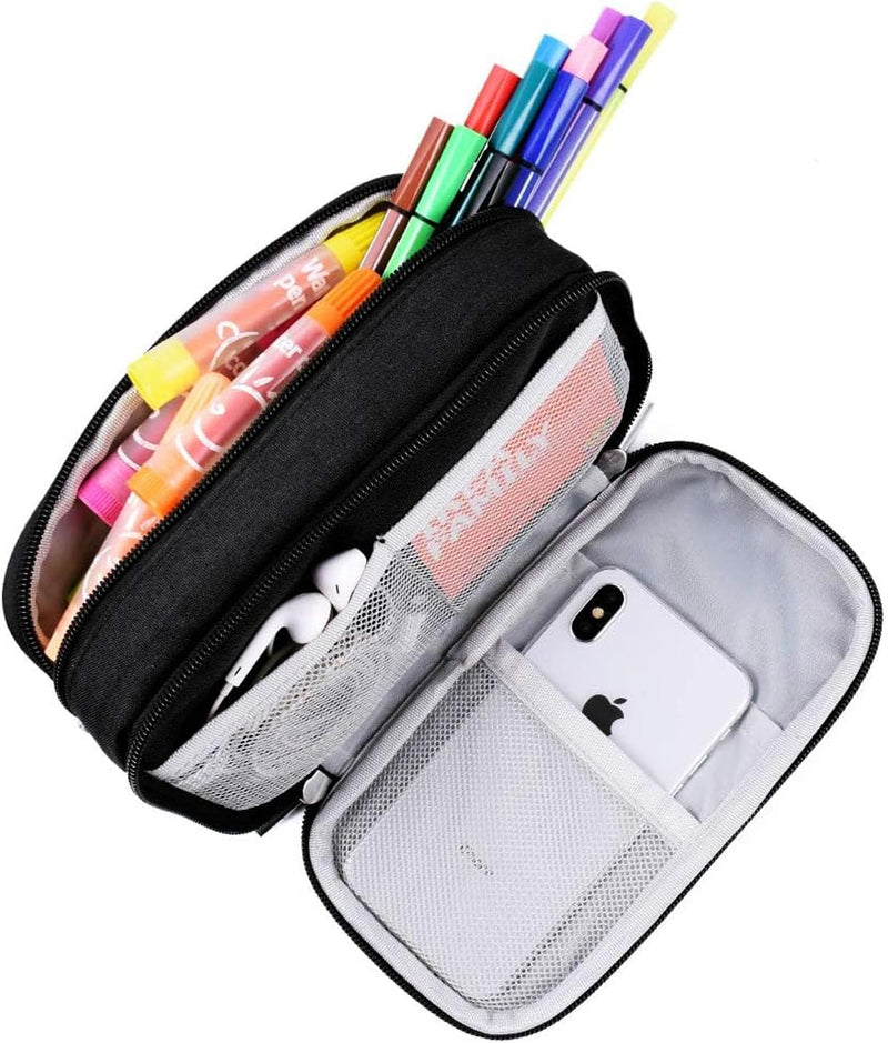 Large Capacity Waterproof Pencil Case - Multi-functional Black Stationery Desk Organizer, Ideal for Adults and Travel, with Multiple Compartments and Pockets