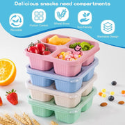 4 Pcs Snack Boxes, 4-Compartment Reusable Bento Container, BPA-Free Wheat Straw, Stackable, Microwave and Freezer Safe, 5.8oz Per Compartment, for Kids, School, Work, Travel
