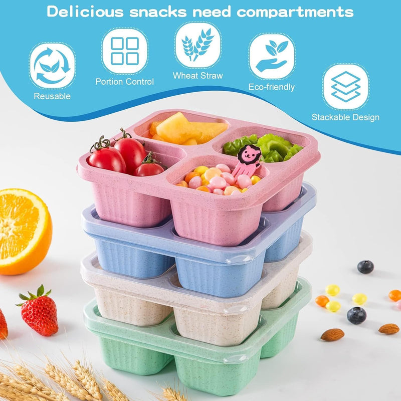 4 Pcs Snack Boxes, 4-Compartment Reusable Bento Container, BPA-Free Wheat Straw, Stackable, Microwave and Freezer Safe, 5.8oz Per Compartment, for Kids, School, Work, Travel