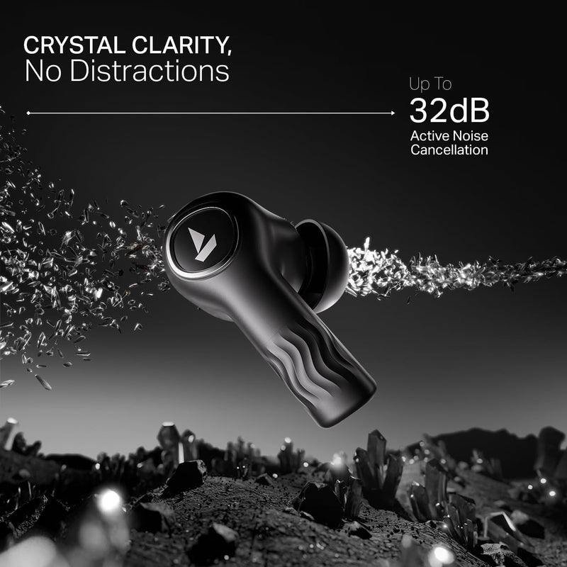 boAt New Launch Nirvana Crystl, Transparent Case,Spatial Audio, ANC(32dB), 100Hrs Battery,4Mics ENx, Dual Pair,App Support, Bluetooth Earbuds, TWS Ear Buds Wireless Earphones with mic (Quantum Black)