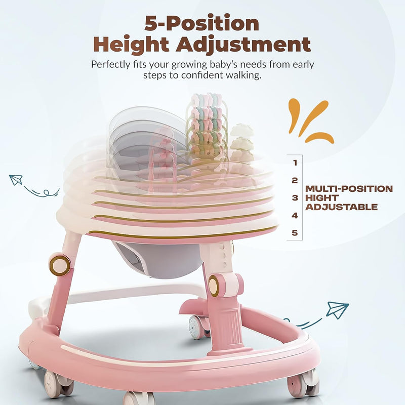 Baybee Petalia 2 in 1 Baby Walker for Kids, Round Kids Walker with 5 Position Adjustable Height | Activity Walker for Baby with Musical Bar, Toddler Activity Walkers for Babies 6-18 Months (Pink)