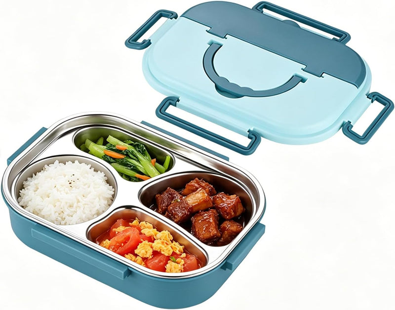Lunch Box For Kids School,1000ml Stainless Steel Bento Lunch Box,4 Compartments Bento tiffin box,Food-Safe Materials and Leak-proof,for Adults and Children,School,Office (Blue) - Blue