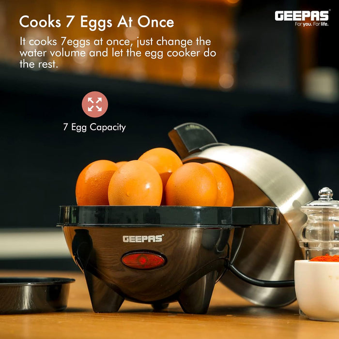Geepas 350W Egg Boiler - Egg Cooker, Measuring Cup with Egg Piercer Included - Up to 7 Eggs Capacity - 2 Year Warranty