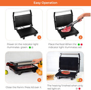 Stainless Steel Panini Grill Maker with Non-Stick Plates, Cord-Warp for Storage, Drip Tray, Indicator Lights for Power and Ready - 2 Year Warranty