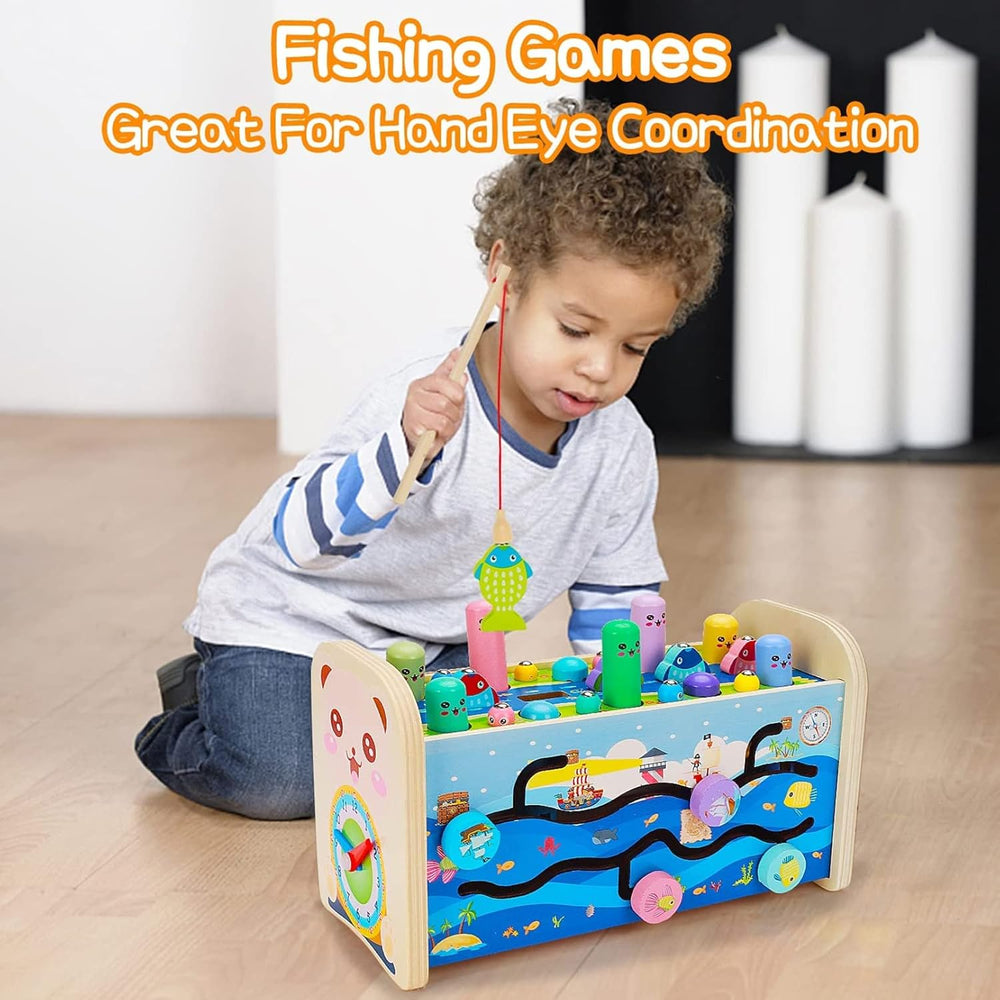 AM ANNA 7 in 1 Hammering Pounding Toys, Wooden Montessori Educational Fishing Game Xylophone Toys for 1 2 3 Year Old, Baby Sensory Developmental Fine Motor Skills Toddler Activities Age 1-4 Gifts