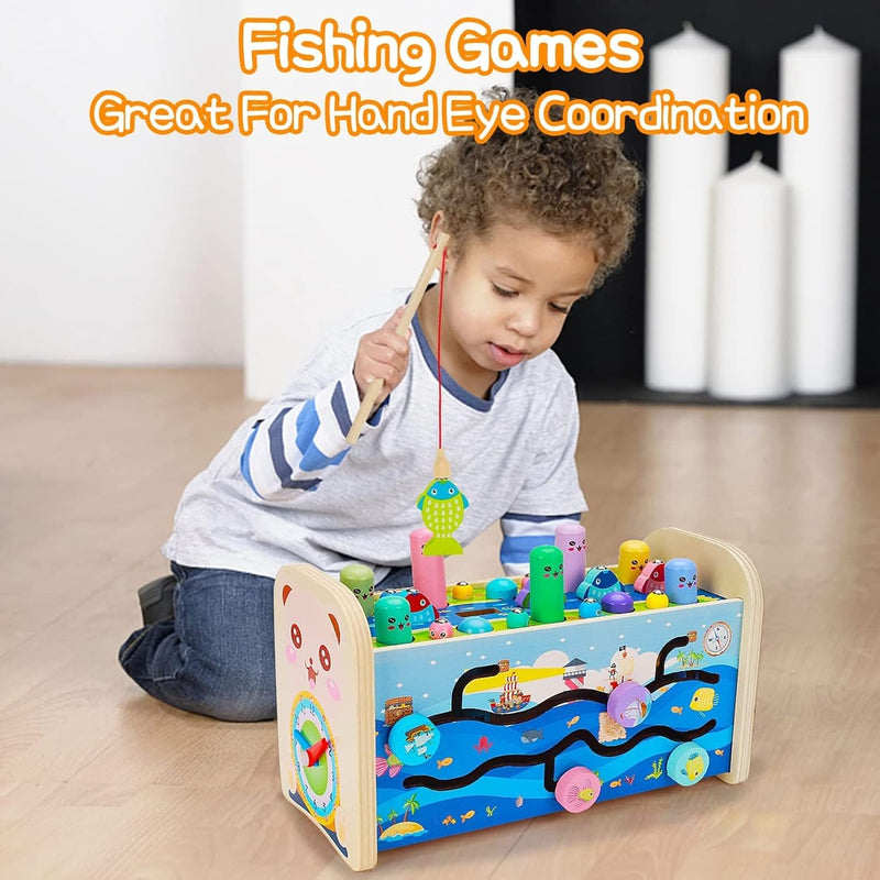 AM ANNA 7 in 1 Hammering Pounding Toys, Wooden Montessori Educational Fishing Game Xylophone Toys for 1 2 3 Year Old, Baby Sensory Developmental Fine Motor Skills Toddler Activities Age 1-4 Gifts