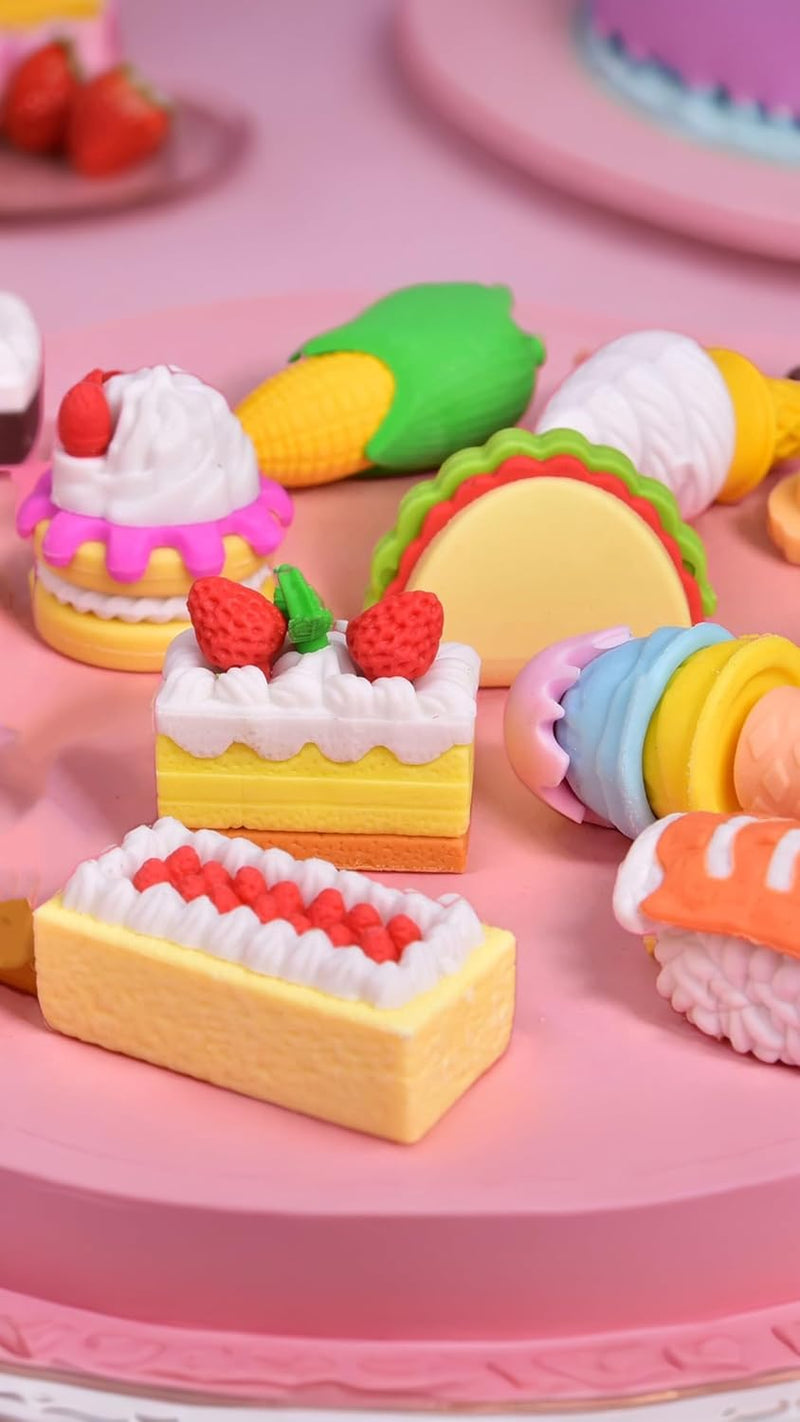 Colorful Food Erasers, 30-Piece Puzzle Set with Realistic Cakes, Fruits, Ice Cream, Non- Latex-Free Material, Vibrant Designs for Travel, Classroom, Office, Reassemblable Sweet Dessert Shapes