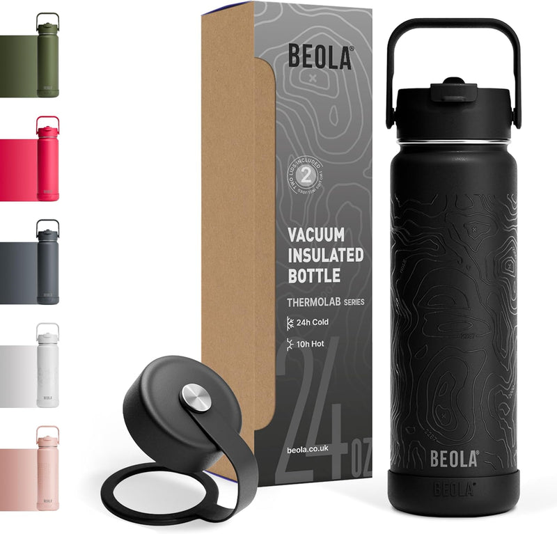 750ml Water Bottle 18/8 Stainless Steel 304 Double Wall Insulated thermo Bottle with Straw Lid and wide mouth, 2 lids included, Hot Cold Liquids Sports Bottle, 24oz (Raspberry) - Mountain Black
