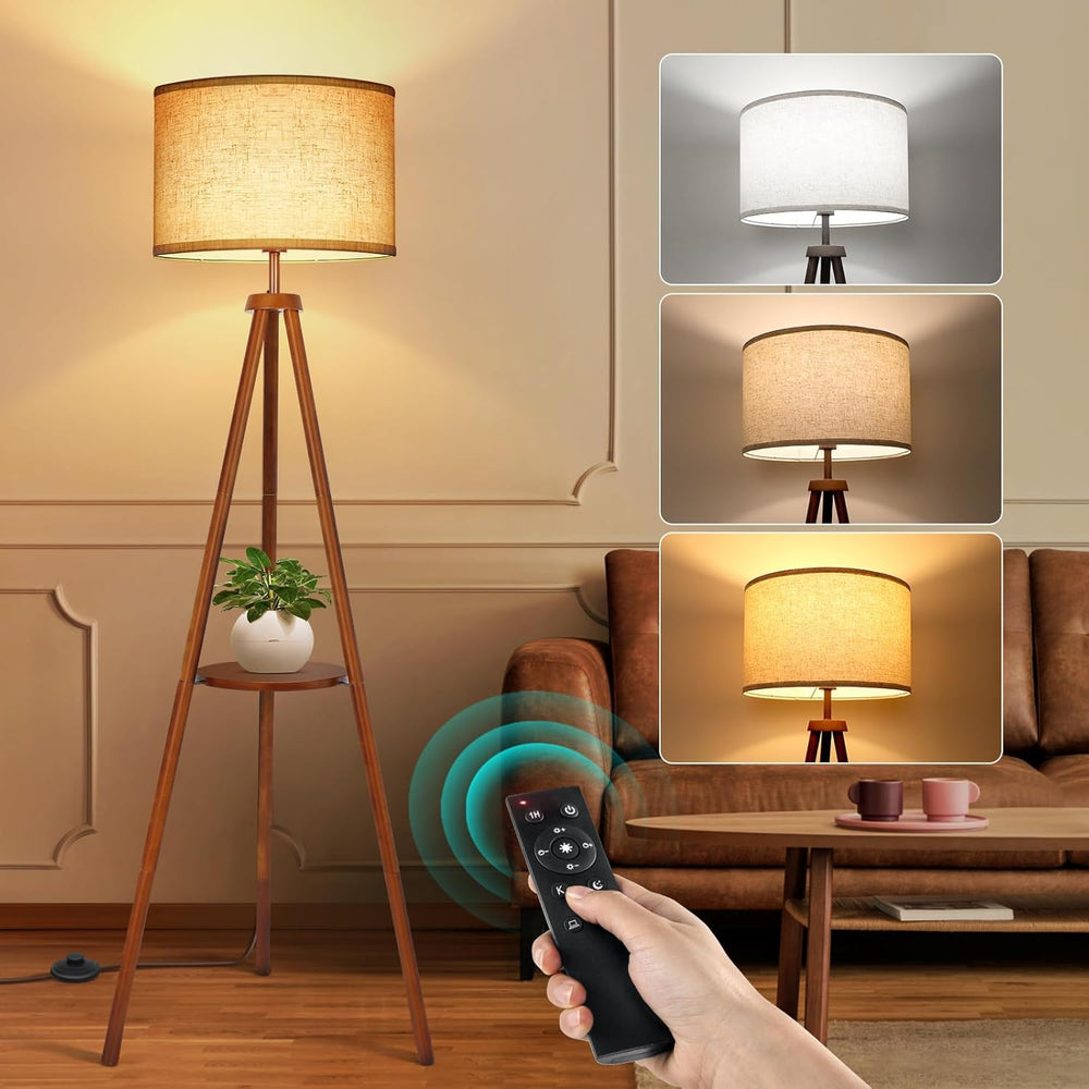 Wooden Tripod Floor Lamp with Shelf, 4 Colour temperatures Mid Century Dimmable Floor Lamp with Remote & Foot Switch, 1H Timer Modern Tall Standing Lamp for Living Room Bedroom Office, Walnut