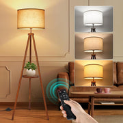 Wooden Tripod Floor Lamp with Shelf, 4 Colour temperatures Mid Century Dimmable Floor Lamp with Remote & Foot Switch, 1H Timer Modern Tall Standing Lamp for Living Room Bedroom Office, Walnut - Walnut Wood
