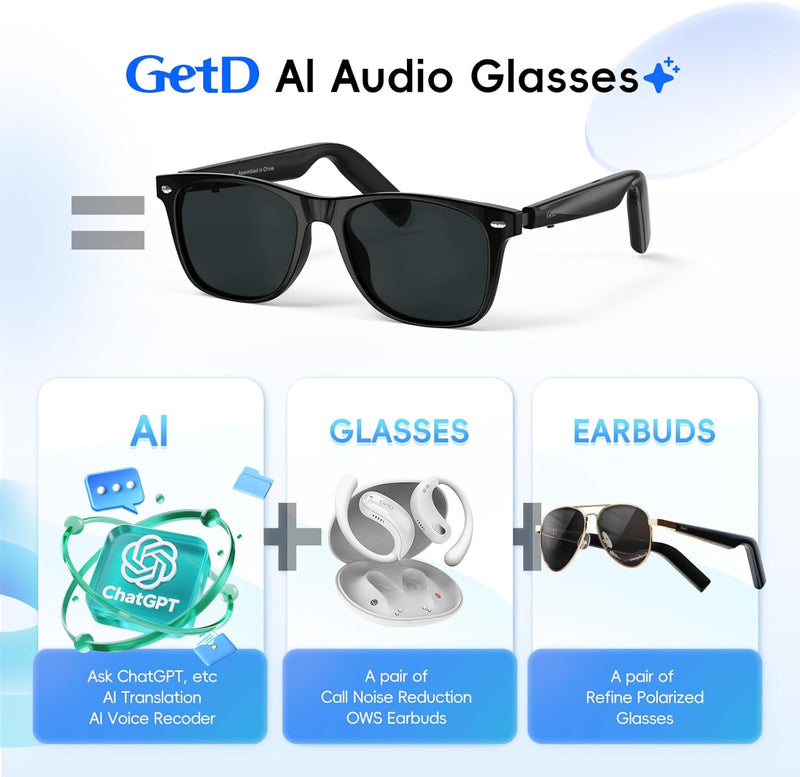 GetD AI Glasses, AI Assistant Powered by ChatGPT, Smart Glasses, Polarised Sunglasses, Bluetooth Smart Sunglasses for Men and Women, 2-in-1 Headphones and Glasses