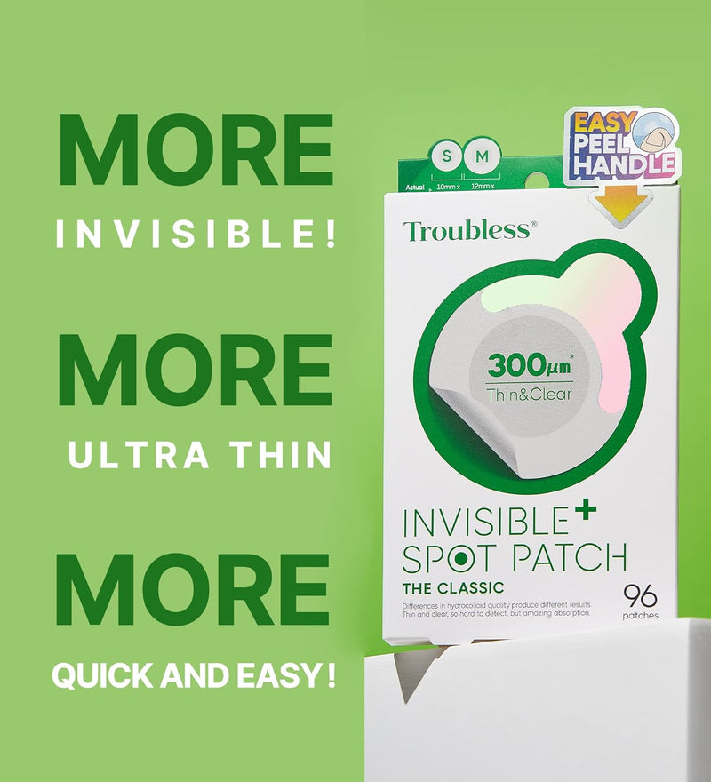 Troubless Invisible Pimple Patch Classic, 96 Patches (2 Sizes) – Ultra Thin Hydrocolloid Spot Treatment for Daytime Use, Easy Peel, Fast Healing, Absorbs Oil & Impurities, For Acne-Prone Skin