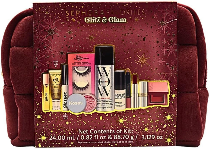 Glitz & Glam 10 Piece Holiday Gift Set: Makeup, Hair & Skincare Essentials with Red Lipstick, Blush, Powder & Lashes