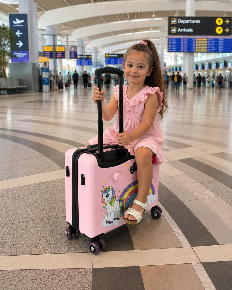 Kids Ride On Suitcase for Girls, Pink Unicorn Toddler Travel Luggage, Carry On Friendly Rideable Trolley Case with Seat, Pull Strap and Wheels, for Ages 2-6, Up to 80 lb