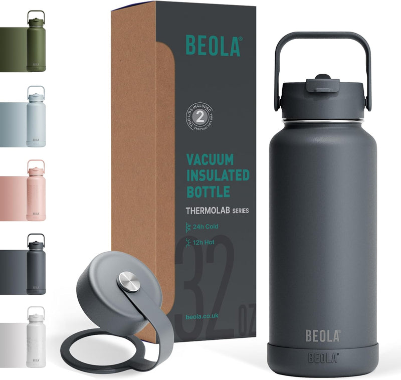 950ml Water Bottle 18/8 Stainless Steel 304 Double Wall Insulated Thermos Bottle with Straw Lid and wide mouth, 2 lids included, Hot Cold Liquids Sports Bottle, 32oz - Lava Gray